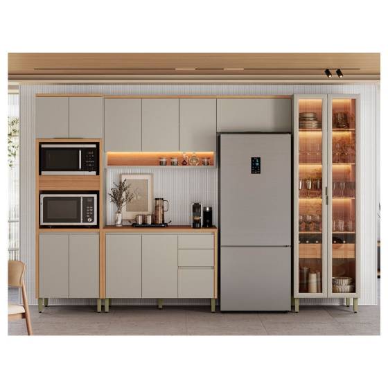 Cozinha Modulada 5 Peças - Cristaleira com LED | Aéreo 0,80 M | Aéreo 1,20 M | Balcão 1,20 M | Torre Quente