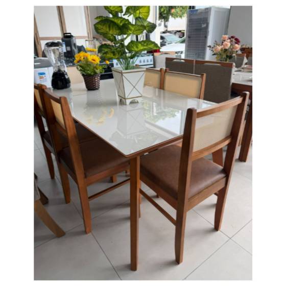 Conjunto de Mesa Naiara 1.80x0.90 Pe Madeira Nog/Vd Off White